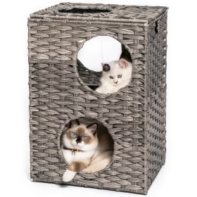 Rattan Cat Litter; Cat Bed with Rattan Ball and Cushion; Grey