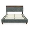 Queen Size Bed Frame, Shelf Upholstered Headboard, Platform Bed with Outlet & USB Ports, Wood Legs, No Box Spring Needed, Easy Assembly, Grey